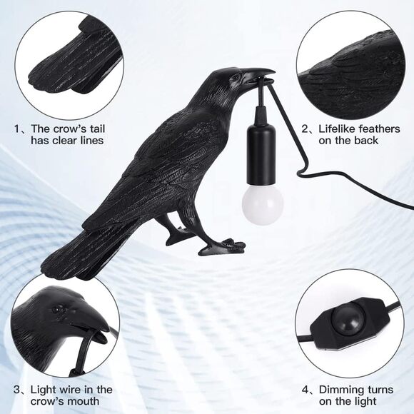 Crow Lamp Raven Light Gothic Bird Table Lamp Adjustable Brightness Bulb Included - Picture 8 of 9